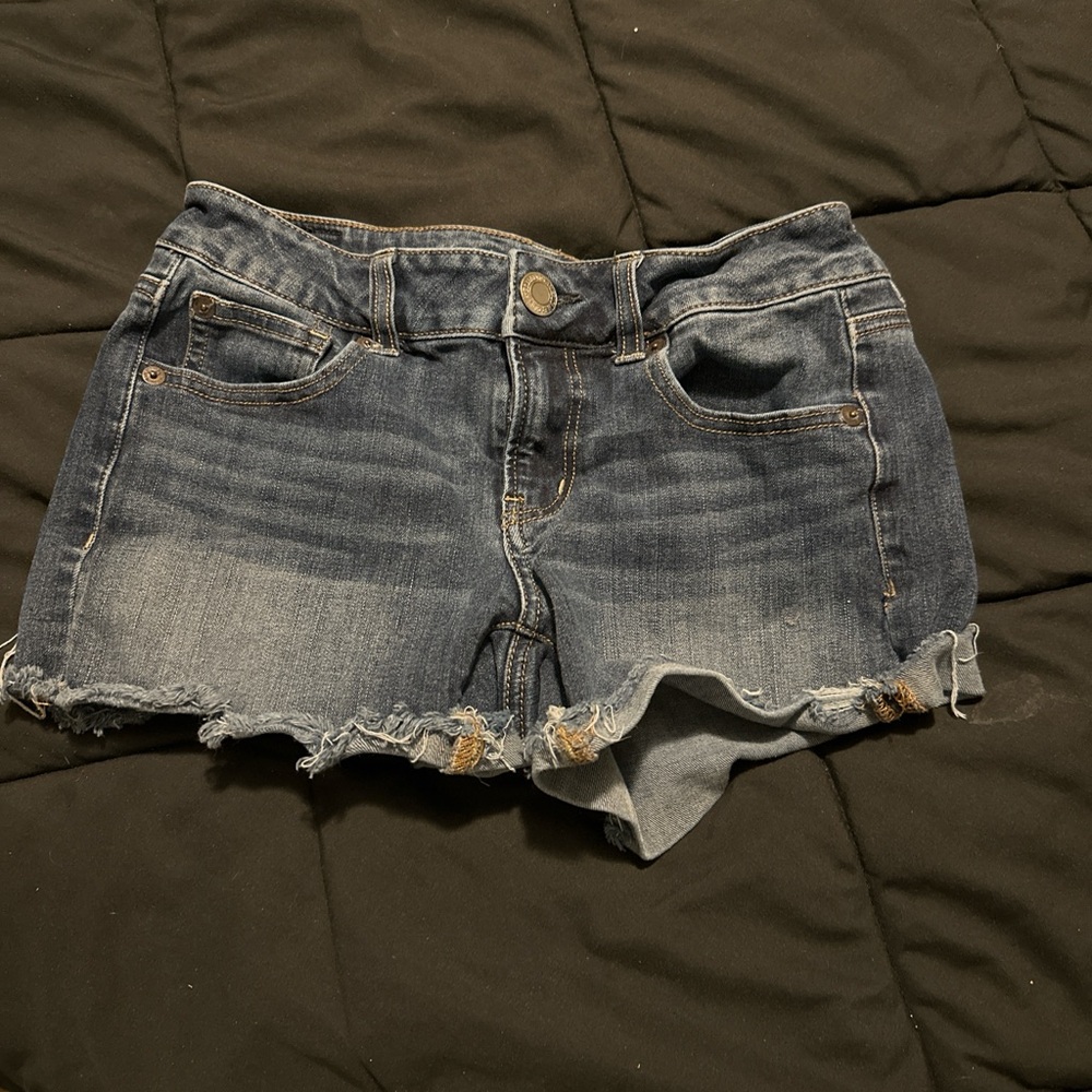 American Eagle Outfitters Dark Blue Frayed Hem Denim Shorts